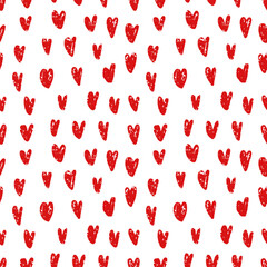 Seamless pattern of red hearts on a white background. The hearts are drawn in a crayon style