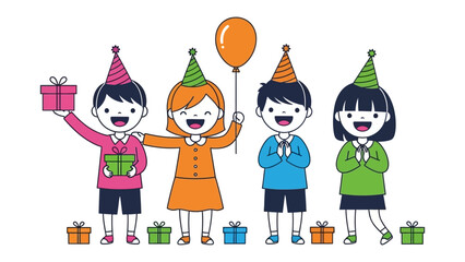 Joyful Celebration: A group of friends is gathered for a festive occasion, adorned with vibrant party hats, gifts and a balloon, radiating happiness and excitement.