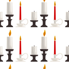 Seamless pattern row of candles with some of them lit on a white background