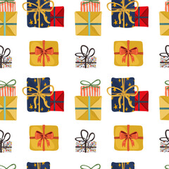 Seamless pattern of presents with bows on them on a white background