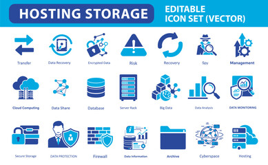 Hosting Storage & Cloud Computing Vector Icons | Data Security, Server, Firewall, and Big Data Management