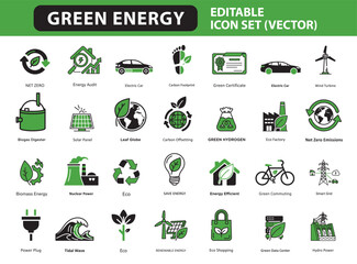 Green Energy & Sustainable Technology Vector Icons | Renewable Power, Eco-Friendly, and Climate Change Solutions