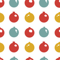 Seamless pattern of Christmas ornaments in various colors and sizes on a white background