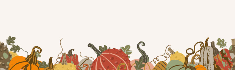 Seamless border of pumpkins with leaves and stems