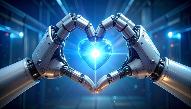 Robotic hands forming heart around glowing core in cosmic sci-fi background.
