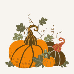 Composition of cute pumpkins. Vector illustration, good for thematic emblem, banner, calligraphy poster, greeting card, party invitation.