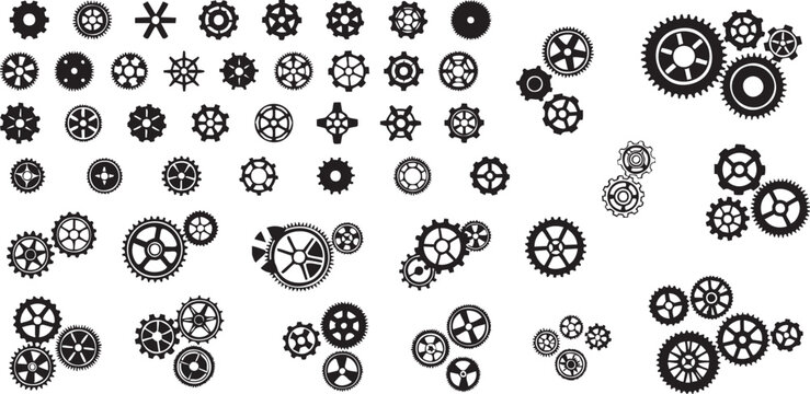 Collection of black gear icons on white background