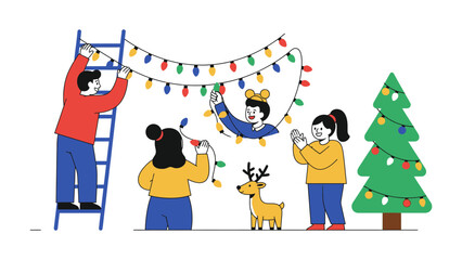 Holiday Decorating: A family comes together to decorate for the holidays, adding twinkling lights and festive cheer, preparing for a season of warmth, togetherness, and celebration.