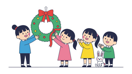 Holiday Cheer with Adorable Children: Four young children collaborate to hang a festive wreath, embodying the warmth, joy, and togetherness of the holiday season.