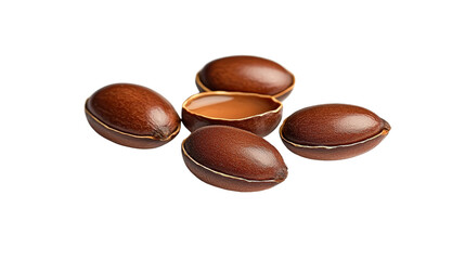 Five smooth brown nuts with golden seams, one cracked open revealing amber liquid, isolated on transparent background, concept of nature's bounty, Oil seeds, kernels, nuts