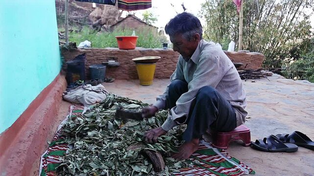 An Indian village man, aged around 65&ndash;70 years, sits on a small stool in a sunny courtyard, calmly chopping and sorting green leaves for animal fodder, capturing traditional rural work, daily life, an