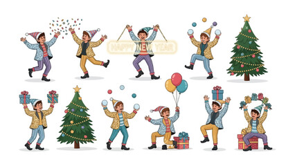 Joyful Holiday Celebrations: A lively ensemble of individuals joyfully celebrate the new year, embodying the spirit of festive merriment with gifts and decorations. 