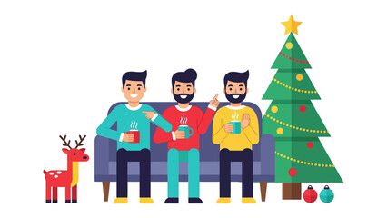 Festive Gathering of Friends: Three friends, brimming with cheer, share coffee cups on a cozy couch, alongside a decorated Christmas tree and playful reindeer, radiating warmth and friendship.