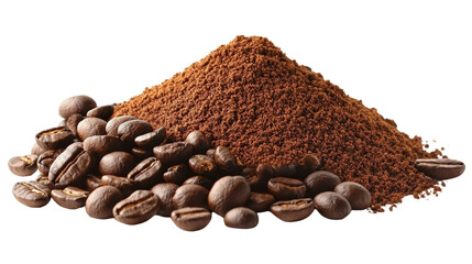 Pile of Ground Coffee and Beans, Isolated on Transparent Background, Macro Detail, Aromatic Beverage, Morning Brew, Coffee Supplies, Roasted Beans, Ground Coffee, Brewed Drink