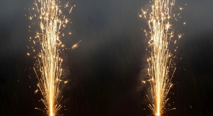 Two golden fountain fireworks against a dark background