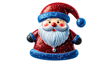 Cute Sparkling Red and Blue Glitter Santa Claus Figure, Isolated on Transparent Background - Cut Out