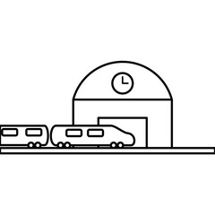 Simple line-art illustration of a train arriving at a station with a clock. Minimalist transportation icon suitable for travel, commute, and railway-related designs.