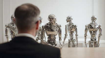 Man observing chrome robots in a gallery metallic