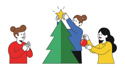 Joyful Tree Decoration: A group of friends celebrates the season by decorating a festive tree, creating a cheerful atmosphere. 