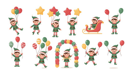 Festive Elves with Balloons: A collection of cheerful elves, each embracing the holiday spirit with vibrant balloons and star-shaped decorations. Ideal for festive greetings and seasonal projects.