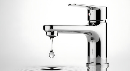 Close-up of a Shiny Chrome Faucet with a Single Water Drop Falling Against a White Background