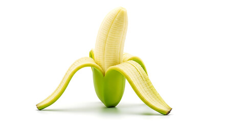 A single unripe banana with a vibrant green peel, partially opened to reveal the fresh fruit inside, isolated on a clean white background