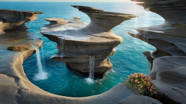Surreal coastal landscape with layered rock formations and waterfalls