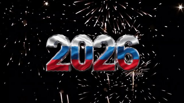 Waving Russian Flag Inside 2026 Numbers on Black Background with Fireworks