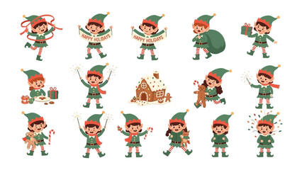 Naklejka premium Whimsical Christmas Elf Collection: A vibrant compilation of charming elves engaged in festive activities. Captured in a dynamic array of scenes.