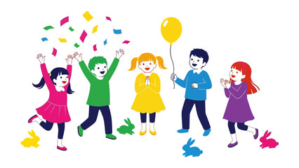 Fototapeta premium Children's Joyful Party: A group of excited children celebrate a party. Filled with confetti, joy, and a yellow balloon. A colorful illustration of playful children enjoying a cheerful celebration.