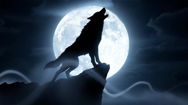 Wolf Howling at the Moon - A Nighttime Silhouette.