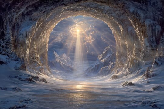 Divine light entering a frozen cave symbolizing spiritual awakening and rebirth, ideal for fantasy art, religious themes and inspirational illustrations.