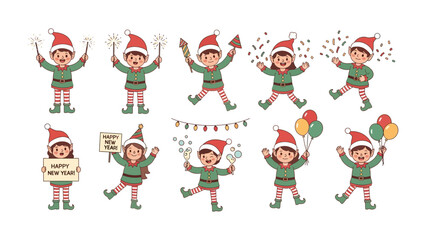 Merry Elves' Festival: Festive elves celebrate the New Year with joy, joyfully holding sparklers, confetti, and balloons. Capture the holiday spirit with cheerful elves dressed in traditional attire.