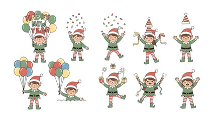Festive Elf Extravaganza: A collection of charming cartoon elves in a festive mood, each engaged in joyful activities with balloons, confetti, and ribbons, perfect for holiday greetings.