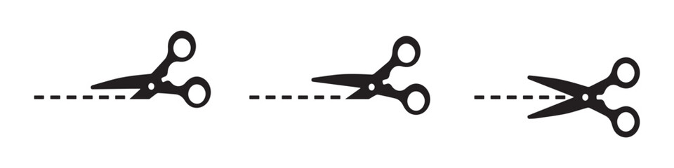  black cutting scissors icon set.cutting scissors icon set with cut line on white background.vector illustration.
