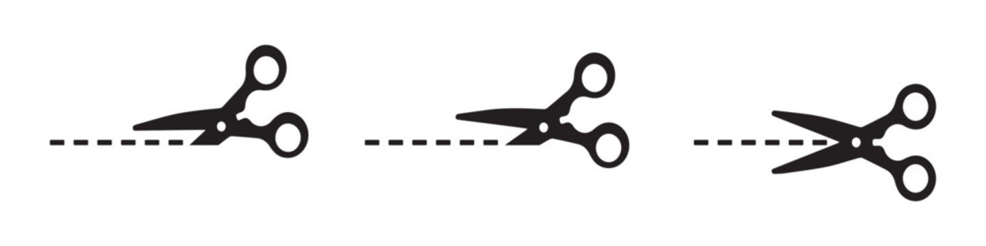  black cutting scissors icon set.cutting scissors icon set with cut line on white background.vector illustration.
