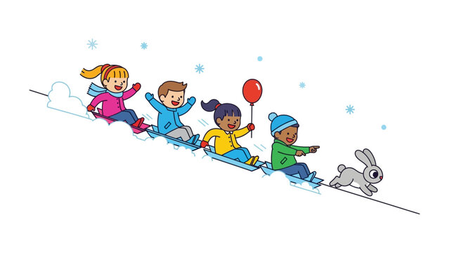 Joyful Snow Day: Children and rabbit enjoy the exhilarating experience of sledding down a snowy hill. Expressing the joy, laughter, and excitement of a winter day.