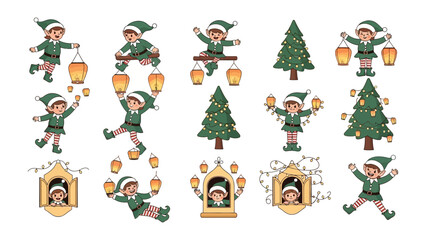 Festive Elves and Christmas Trees: A delightful collection of playful elves engaging in various activities around beautifully decorated Christmas trees, radiating holiday cheer and festive spirit.