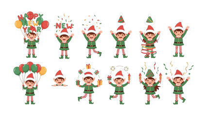 Elf Celebrations: A festive ensemble of playful elves in vibrant costumes engage in a joyous holiday celebration, with a series of diverse illustrations conveying the excitement.