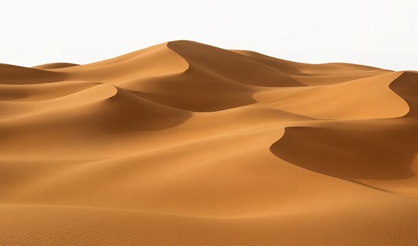 A vast landscape of smooth, sunlit sand dunes with sharp crests and shadows against a bright white sky