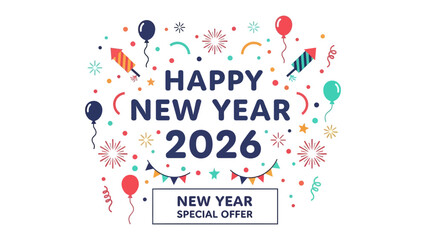 New Year Celebration: A vibrant and colorful design heralding the arrival of the New Year, full of festive elements such as balloons, confetti, and fireworks, set against a cheerful backdrop. 