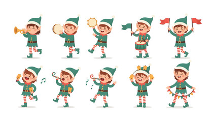 Holiday Elf Parade: A whimsical array of holiday elves marches in festive procession, each playfully engaged with their own musical instrument or celebratory accoutrements.