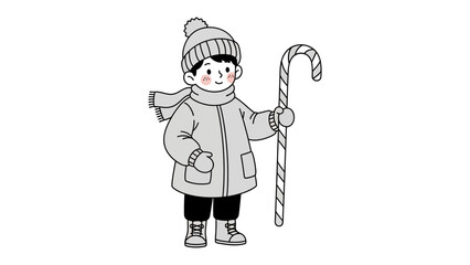 Cozy Winter Day with a Boy and Candy Cane: A charming illustration depicts a young boy bundled up in winter attire, holding a candy cane against a soft background.