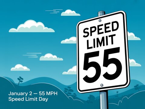 Speed limit 55 sign on a pole under a blue sky with clouds and rolling hills