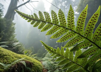 Fototapeta premium Capturing the lush beauty of ferns with spores in a humid rainforest environment a macro photography perspective