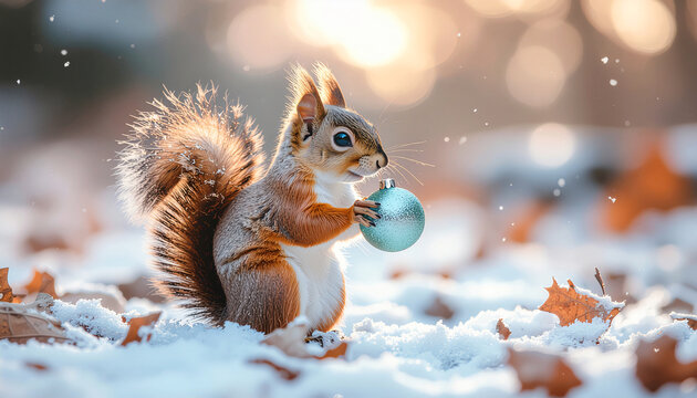 A cute red squirrel eating a nut in the snow in the winter forest is a delightful wildlife image