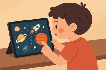 Young boy interacting with a tablet computer showing a space scene with planets, stars, and a rocket. Exploring learning technology