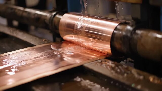 Medium shot capturing solvent application on rolled copper strip carefully dissolving mill scale impurities for an even clean finish