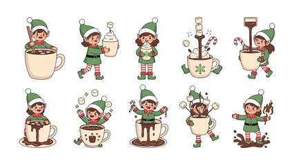 Whimsical Hot Cocoa Elves: A playful collection of cartoon elves engaged in the delightful creation of hot cocoa, with a sprinkle of holiday cheer and sweet treats.