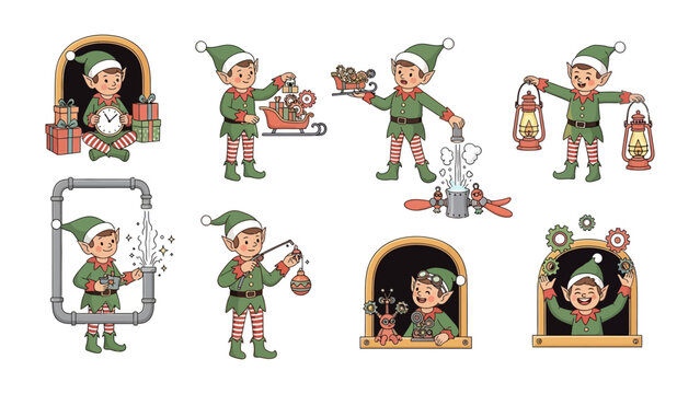 Elves working at the workshop: A collection of various Christmas elves busy in workshop, preparing and checking gifts and decorations for celebration.
